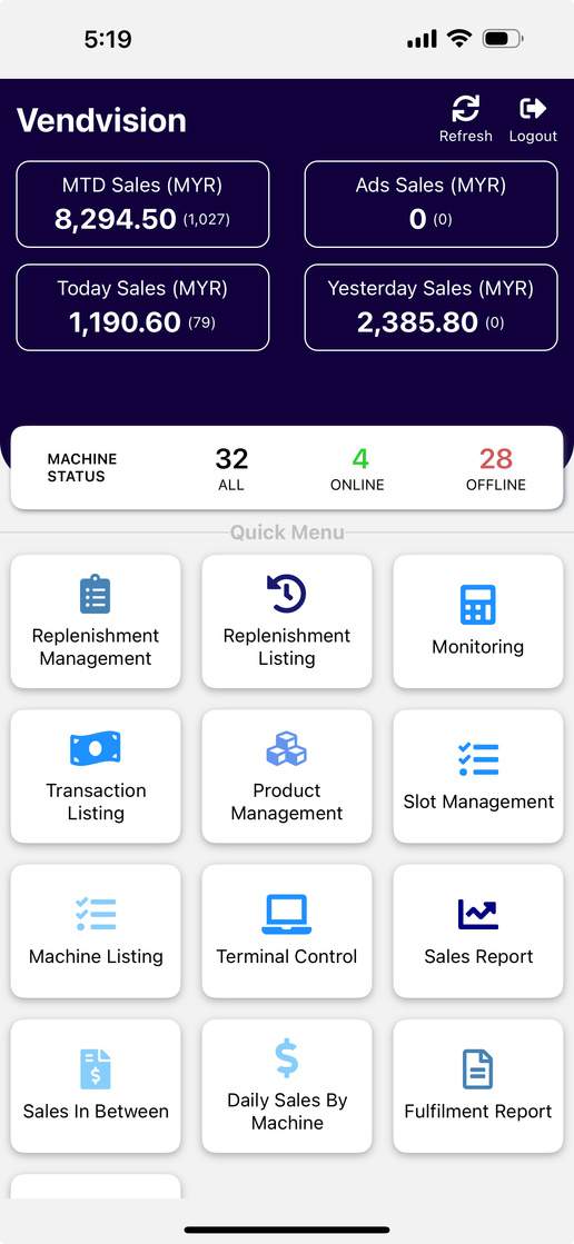 VendBi main dashboard